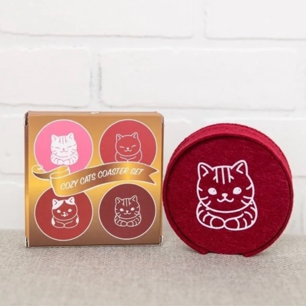 Set of 4 Cat Lady Box Felt Cat Coasters with Holder NIB